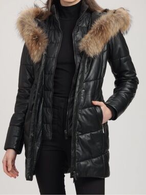 Atelier Noir by RUDSAK Black Down Puffer Jacket with natural Racoon Fur Trim